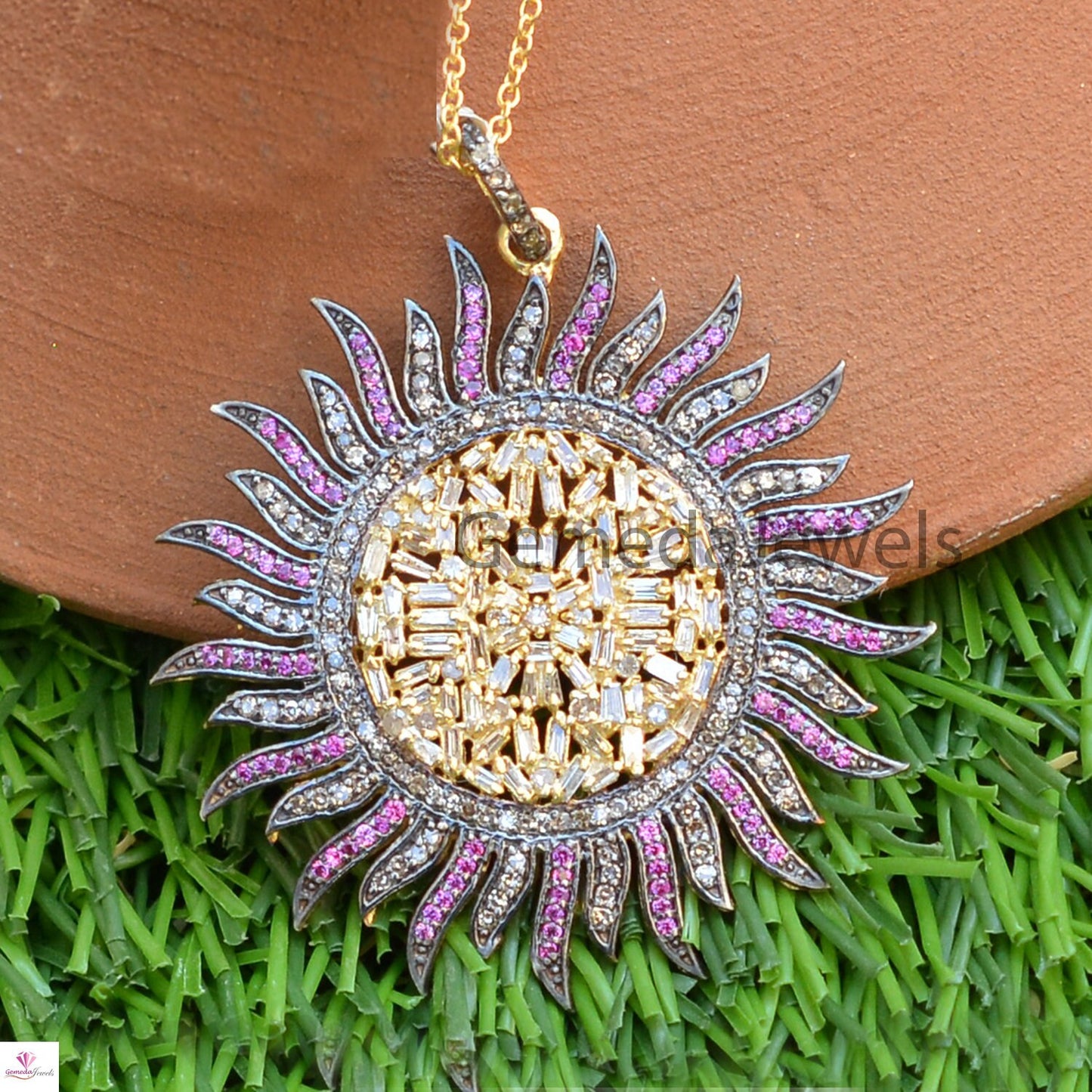 Natural Baguette Diamond Pendant, Ruby Gemstone Pave Diamond Jewelry, Sunflower Pendant Jewelry, Gold Vermeil 925 Silver Jewelry, 16" Chain