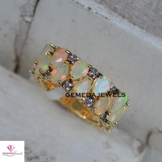 Best Quality Natural Opal Gemstone Ring, 925 Silver Band Ring, Pave Diamond Jewelry, Gold Vermeil Band Ring, Gemstone Silver Jewelry, Gift