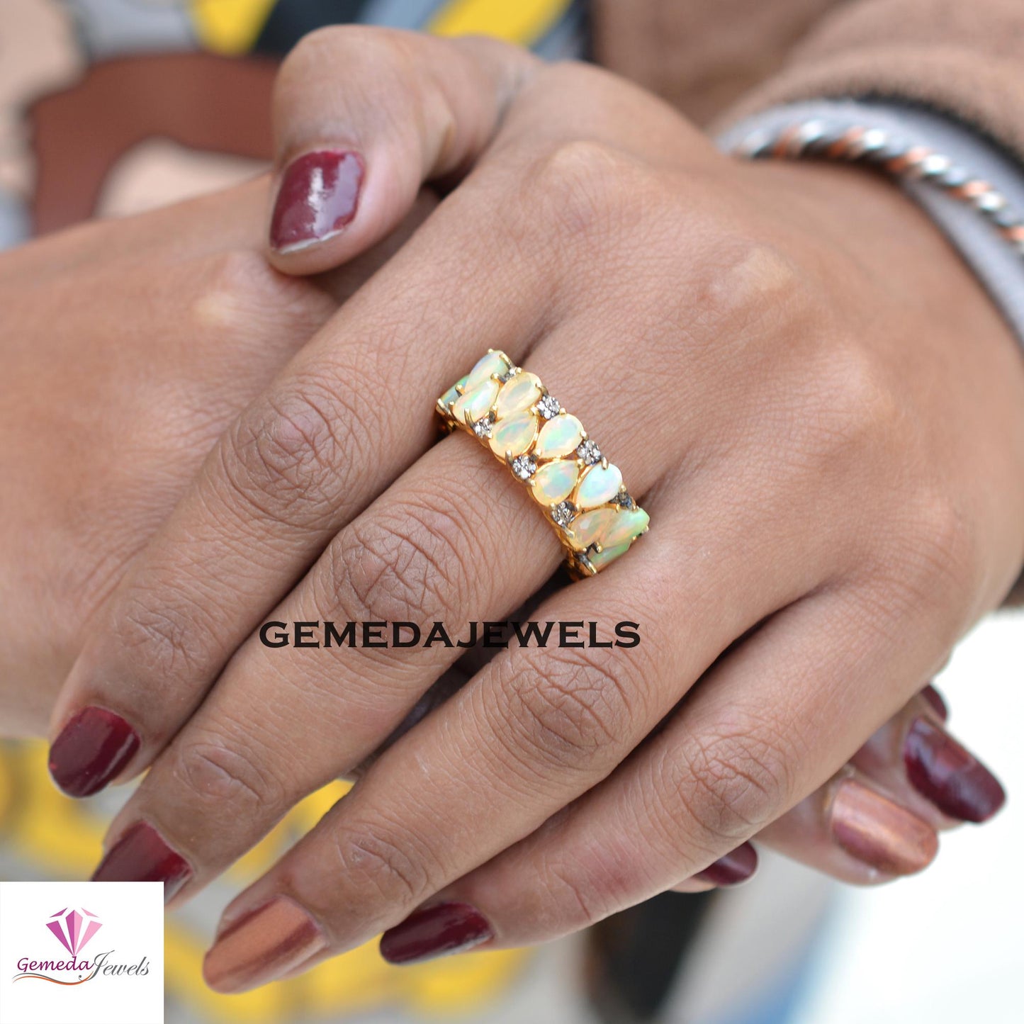 Best Quality Natural Opal Gemstone Ring, 925 Silver Band Ring, Pave Diamond Jewelry, Gold Vermeil Band Ring, Gemstone Silver Jewelry, Gift