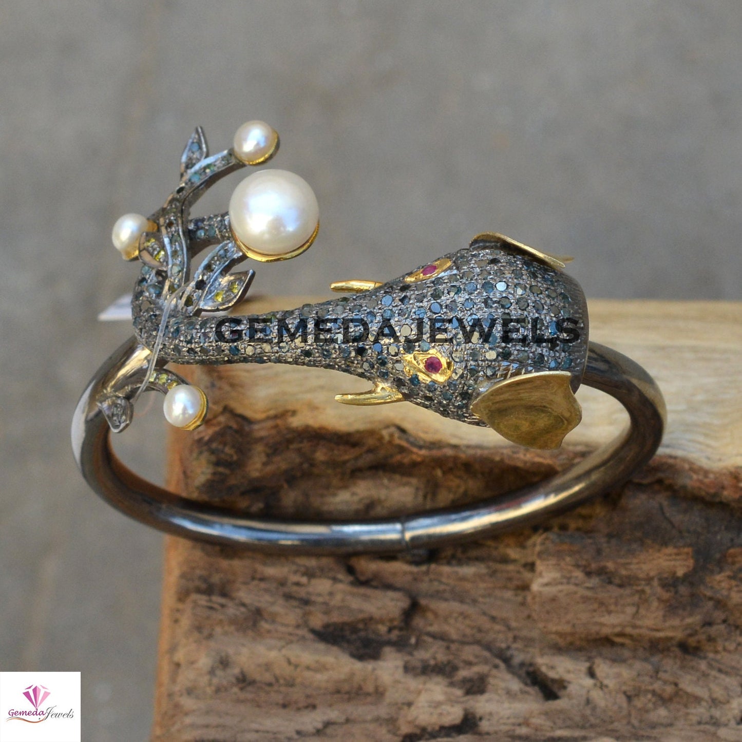 Blue Diamond Bangle, Pearl Bangle Bracelet, Elephant Bangle Bracelet, Pave Diamond Jewelry, Adjustable Bangle Bracelet, 925 Silver Jewelry