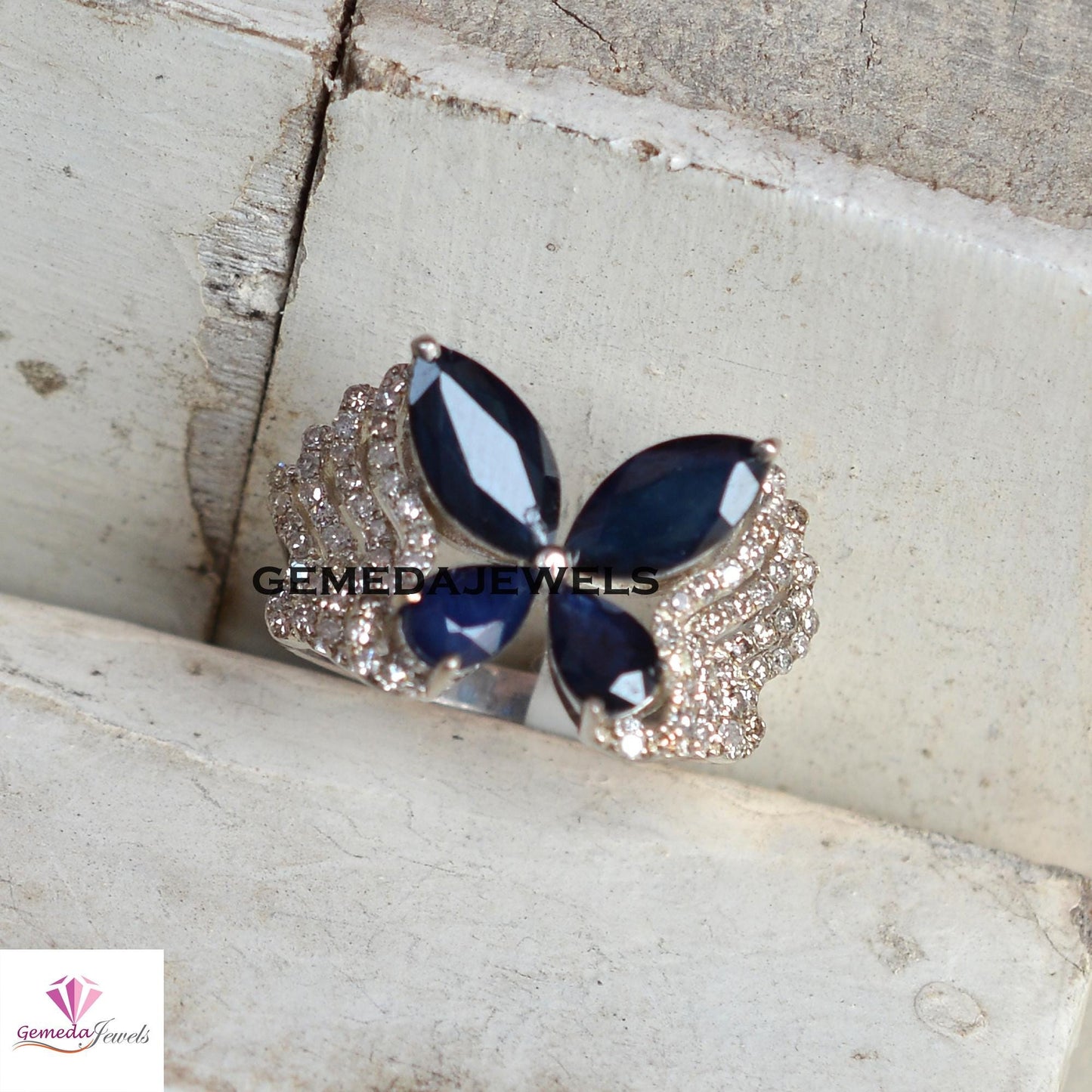Sale Stunning Blue Sapphire Ring, Butterfly Design Ring Jewelry, Sterling Silver Ring, Pave Diamond Ring, White Rhodium Plated Jewelry, Gift
