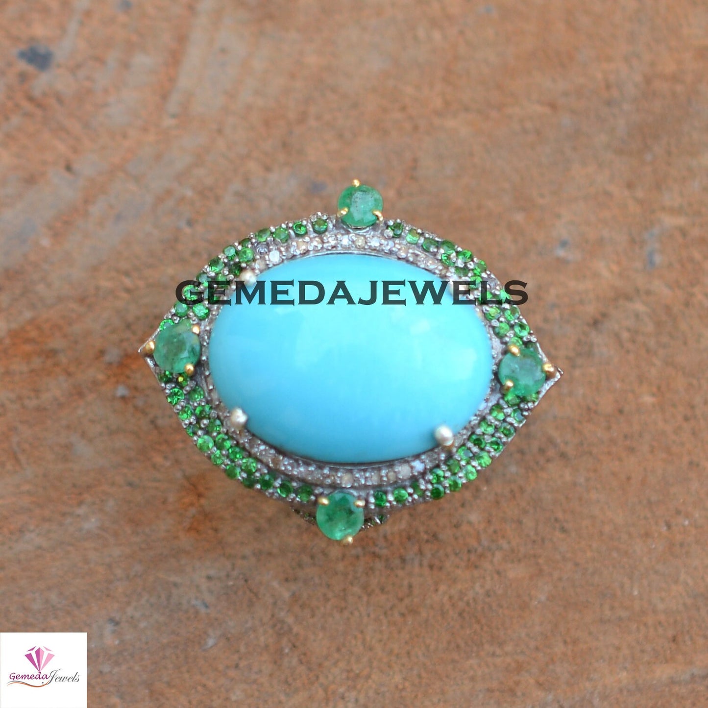 Stunning Blue Turquoise Ring, Pave Diamond Jewelry, Gemstone Diamond Ring, 925 Silver Ring Jewelry, Emerald Gemstone Ring, Wedding Jewelry