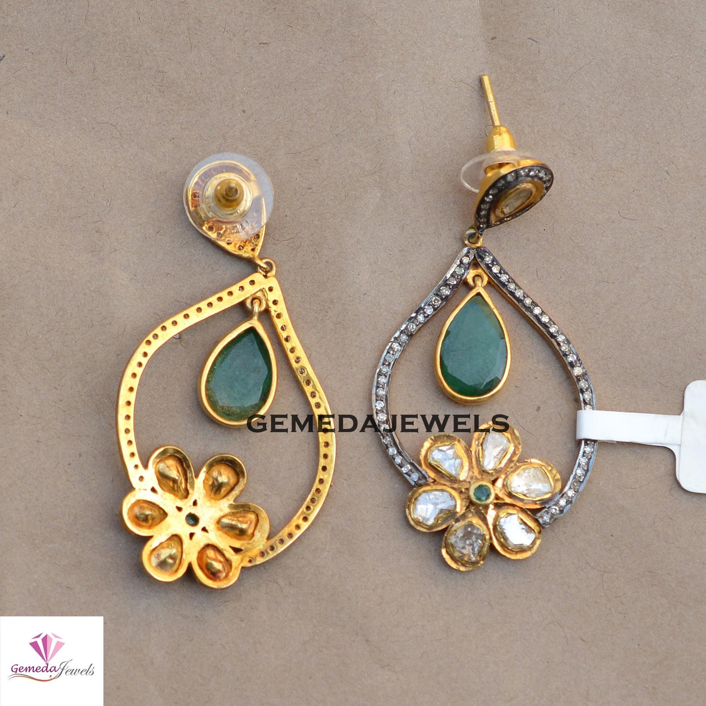 Gorgeous Emerald Earrings, Polki Diamond Flower Earring, Pave Diamond Jewelry, 925 Silver Earrings, Gold Vermeil Jewelry, Women's Jewelry