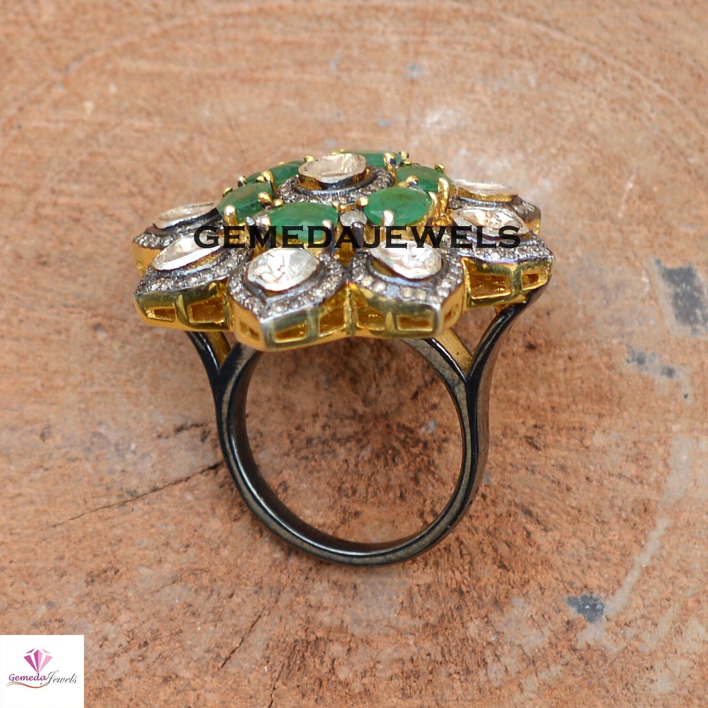 Polki Diamond Floral Ring, Emerald Silver Ring, Pave Diamond Jewelry, Sterling Silver Ring, Gold Vermeil Jewelry, Wedding Gift JEWELLERY