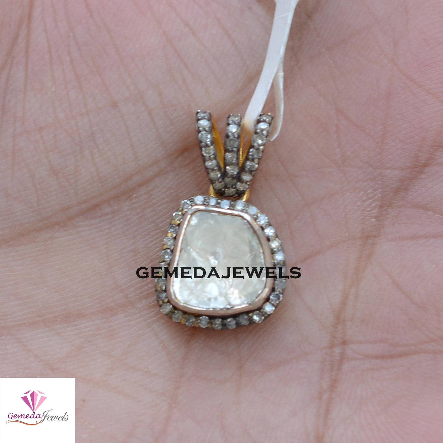 Classic Polki Diamond Pendant, 16" Link Chain Necklace, 925 Silver Jewelry, Gold Vermeil Pendant, Pave Diamond Pendant, Valentine's Day Gift