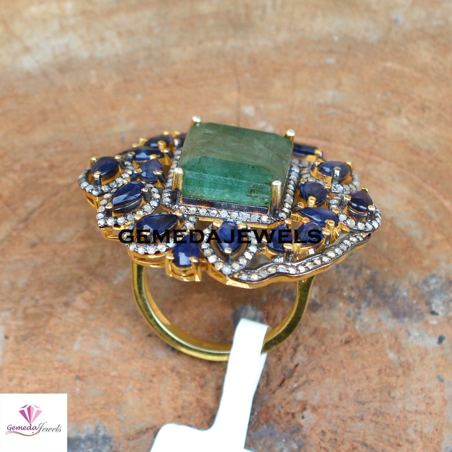 Sale!! Real Emerald Gemstone Ring, Sapphire Gemstone Jewellery, Pave Diamond Ring, Solid 925 Silver 14k Gold Plated Ring, Mothers Day Gift