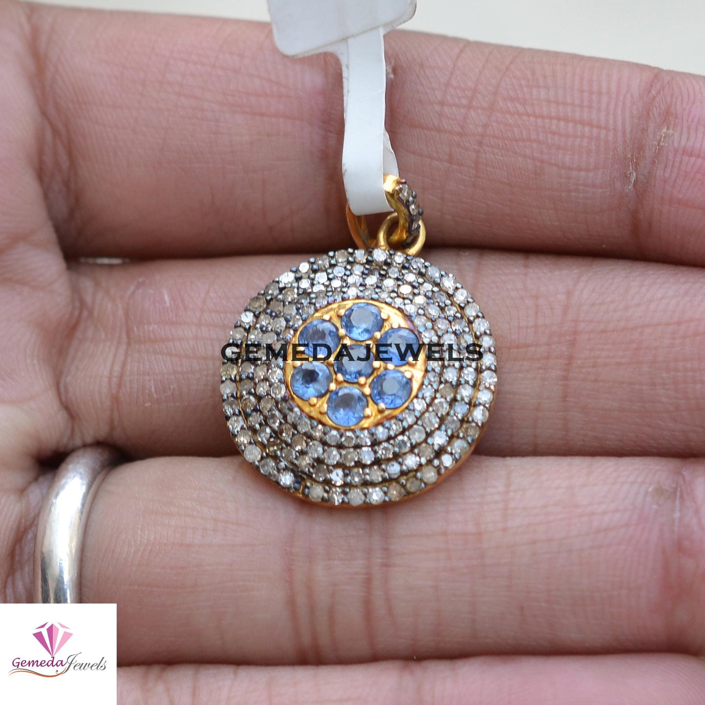 Natural Blue Sapphire Charm Pendant, Pave Diamond Jewelry, Gemstone 925 Silver Pendant, Gold Vermeil Jewelry, 16" Link Chain Necklace, Gift