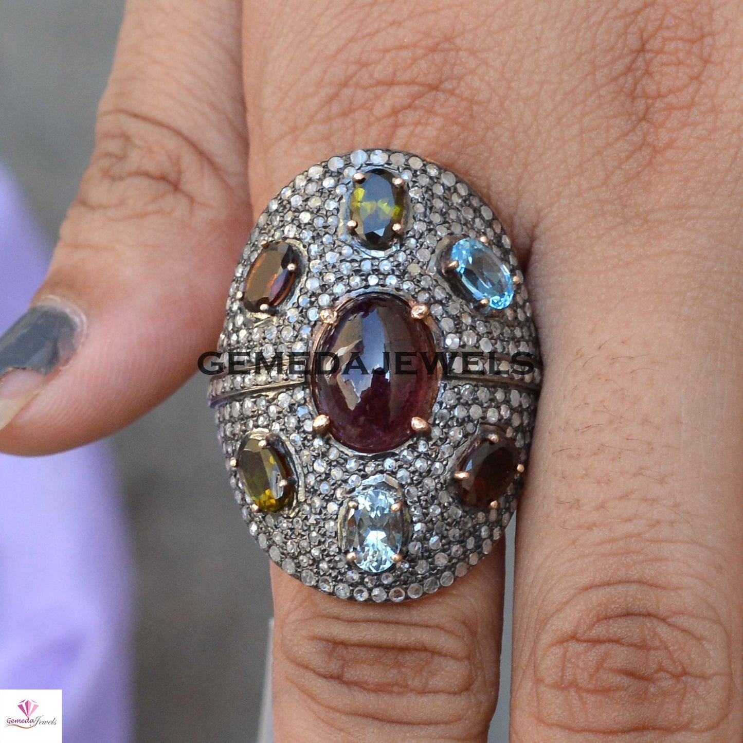 Multi Gemstone Ring, Pave Diamond Ring, Rose Gold Plated Ring, 925 Silver Jewelry, Gemstone Silver Ring, 4th Anniversary Gift, Wedding Gifts