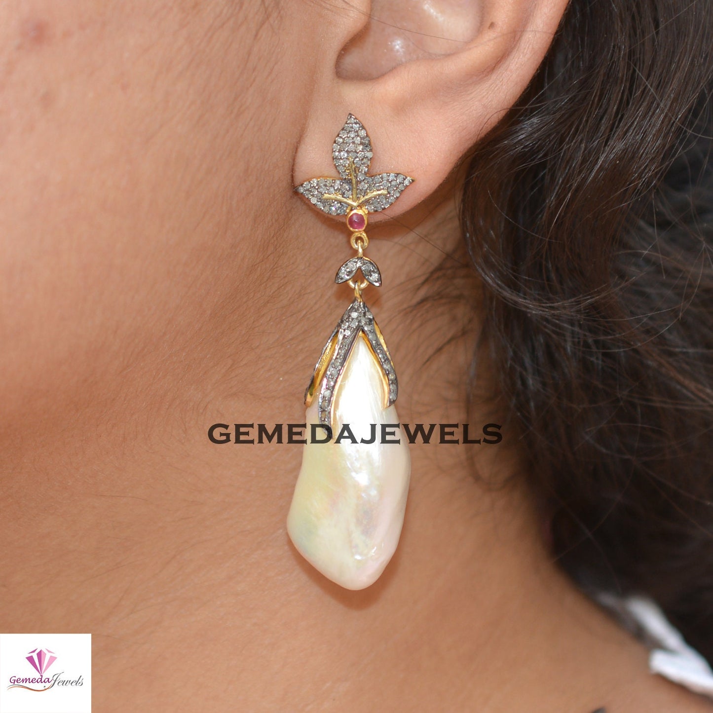 Freshwater Pearl Earrings, 925 Silver 14k Gold Plated Jewelry, Pave Diamond Earring, Ruby Gemstone Earrings Jewellery, Wedding Gift Jewelry