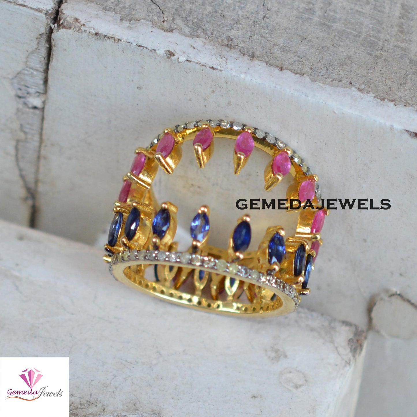 Sale! Natural Ruby Gemstone Ring, Sapphire Gemstone Jewelry, 14k Gold Plated Jewelry, 925 Silver Ring, TWO IN ONE Band Ring, Gift For Her