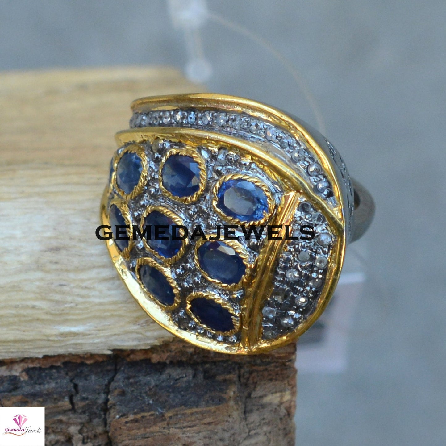 Blue Sapphire Ring, Gemstone Silver Jewelry, Pave Diamond Ring, Sapphire Gemstone Ring, 925 Silver Jewelry, Gold Plated Ring, Gifts For Her