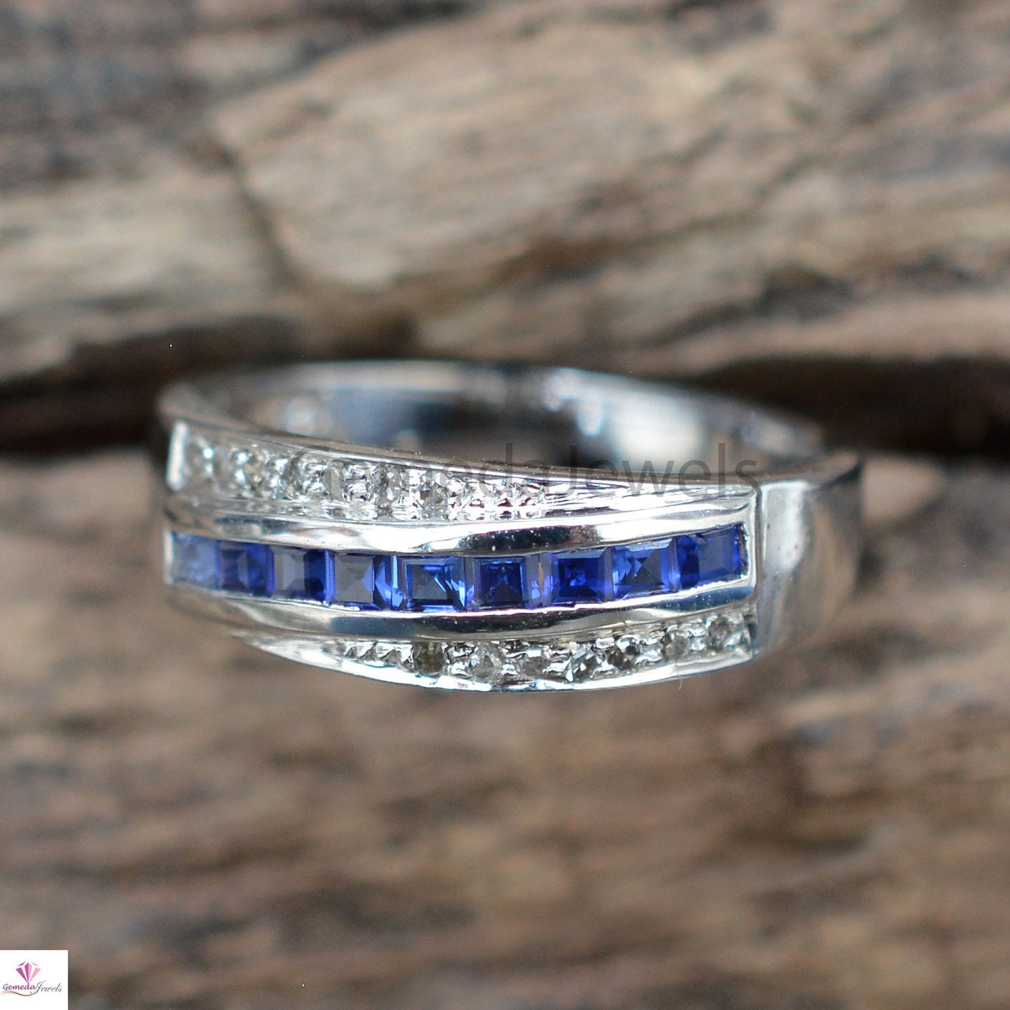 Sale! Genuine Sapphire Band Ring, 925 Sterling Silver Jewelry, Pave Diamond Ring, White Rhodium Plated Ring, Wedding Gift Ring, Gift For Her