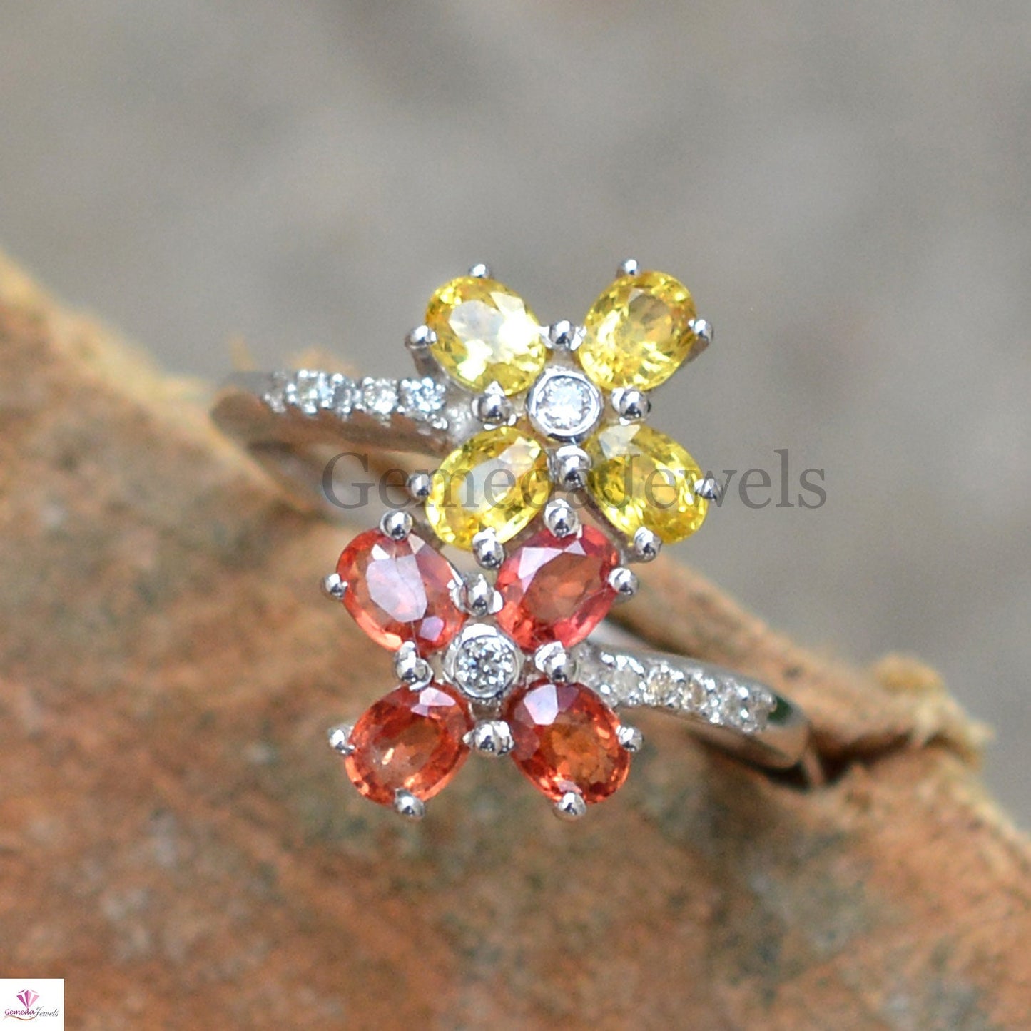 Genuine Multi Sapphire Diamond Ring, Flower Gemstone Ring, Pave Diamond Jewelry, Sterling Silver Jewelry, Minimalist Ring, Anniversary Gift