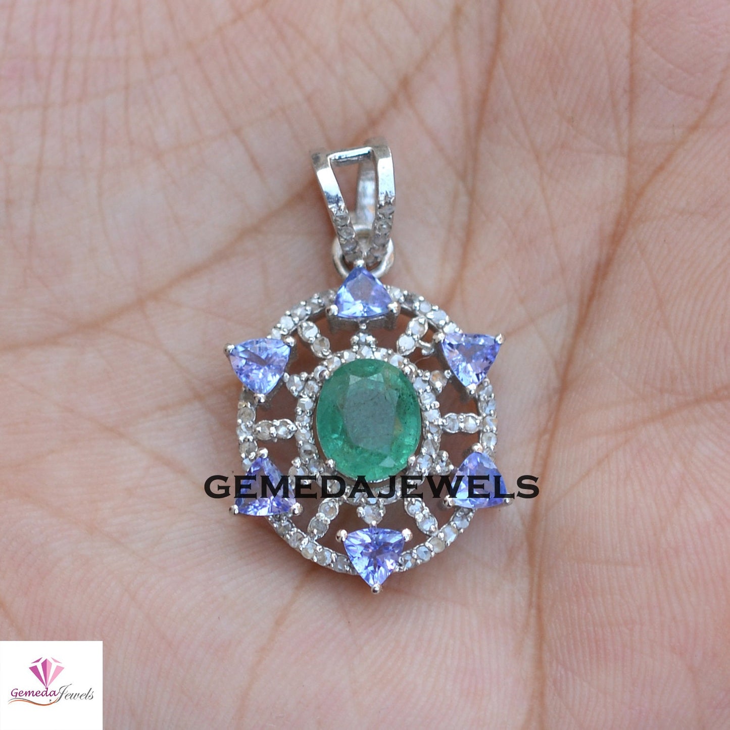 Genuine Emerald Pendant, Tanzanite Gemstone Jewelry, Pave Diamond Pendant, 925 Sterling Silver Jewelry, 16" Link Chain Pendant Necklace Gift