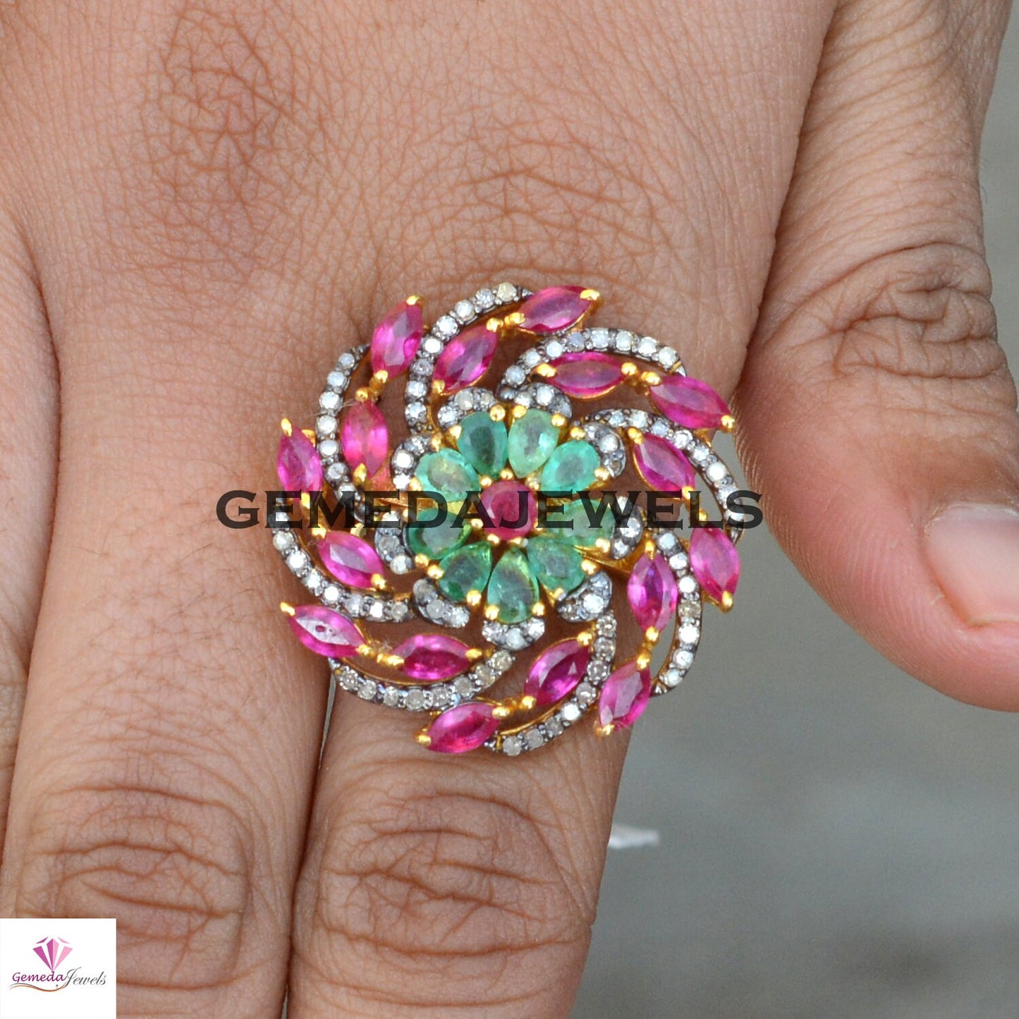 Emerald Gemstone Ring, Ruby Silver Ring, Gemstone Flower Ring, Pave Diamond Jewelry, 925 Silver Ring, Gold Vermeil Jewelry, Wedding Jewelry