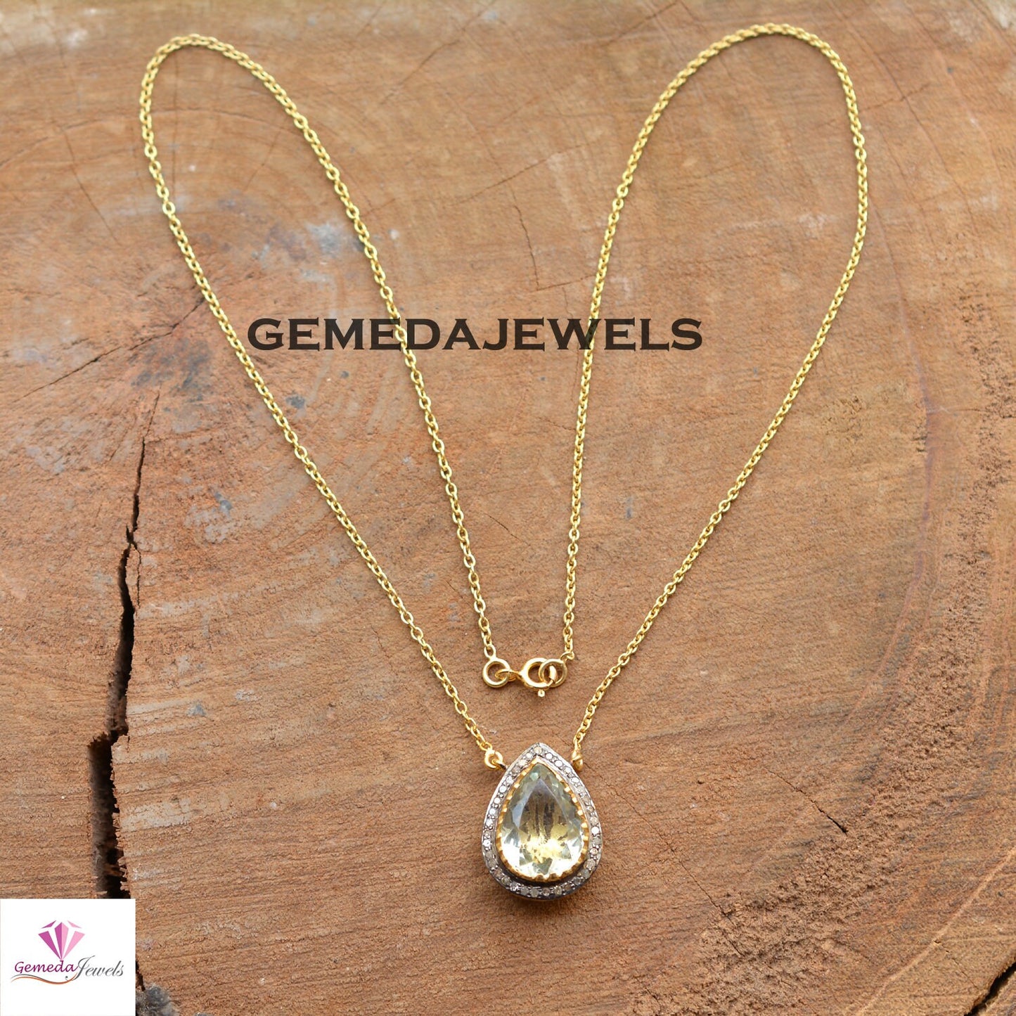 Sale! Lemon Topaz Pendant, Pave Diamond Pendant, 925 Silver Jewelry, 14k Gold Vermeil Jewelry, 18" Silver Link Necklace, Gemstone Jewelry