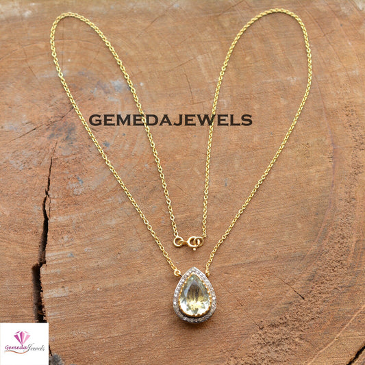 Sale! Lemon Topaz Pendant, Pave Diamond Pendant, 925 Silver Jewelry, 14k Gold Vermeil Jewelry, 18" Silver Link Necklace, Gemstone Jewelry