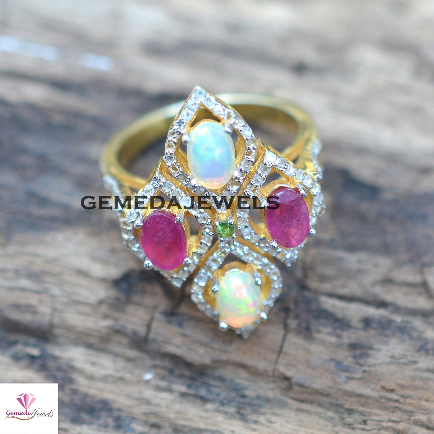 Opal Gemstone Ring, Ruby Silver Ring, Pave Diamond Jewelry, Sterling Silver Jewelry, Gemstone Diamond Ring, 14k Vermeil Plated Jewelry, Gift