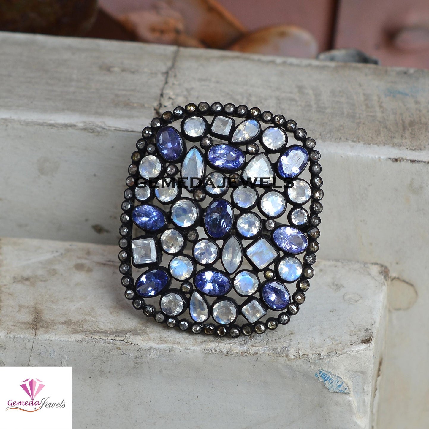 Sale! Rare Moonstone Gemstone Ring, Tanzanite Silver Ring, Pave Diamond Jewelry, Oxidized 925 Silver Ring, Gemstone Jewellery, Gift For Her