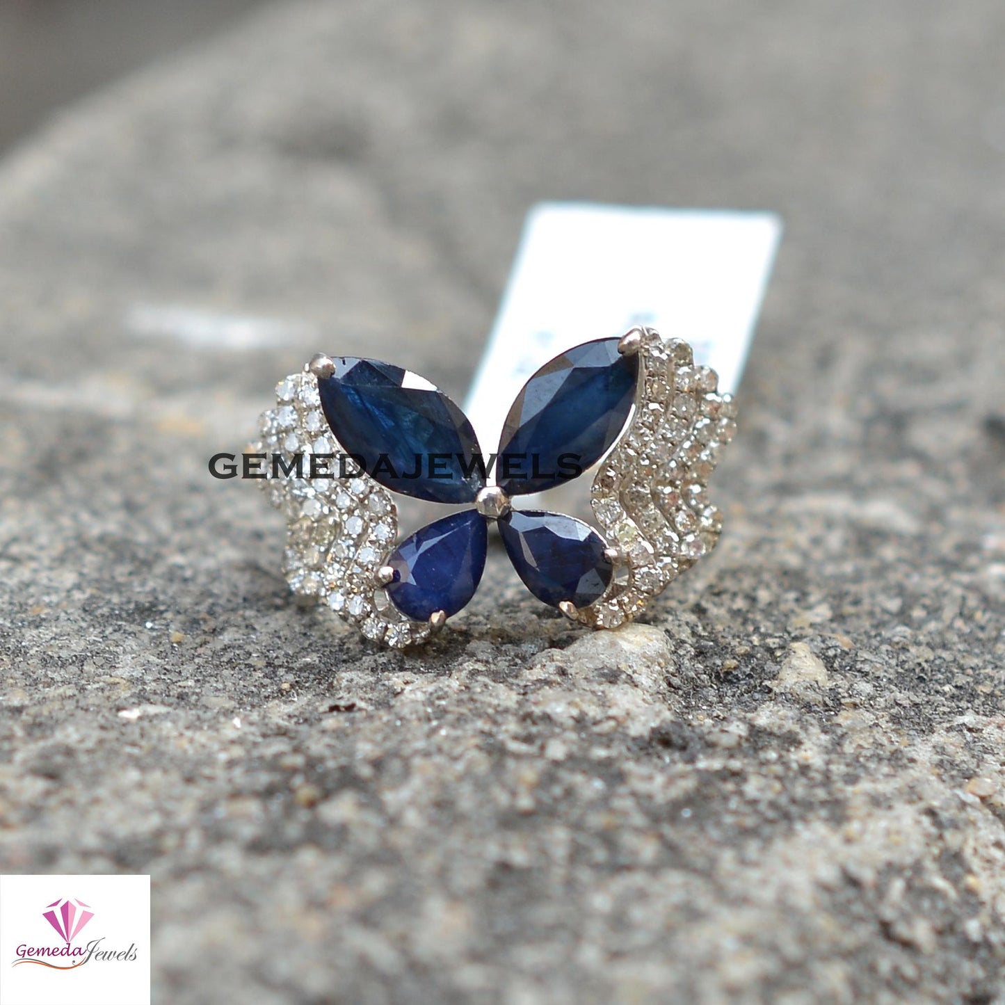 Sale Stunning Blue Sapphire Ring, Butterfly Design Ring Jewelry, Sterling Silver Ring, Pave Diamond Ring, White Rhodium Plated Jewelry, Gift