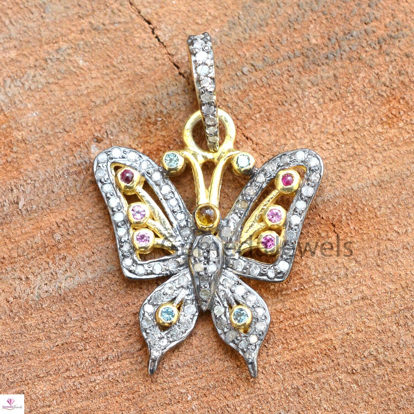 Multi Tourmaline Butterfly Pendant, 925 Silver Gold Plated Jewelry, Pave Diamond Butterfly Pendant Necklace, 16" Silver Chain, Gift For her