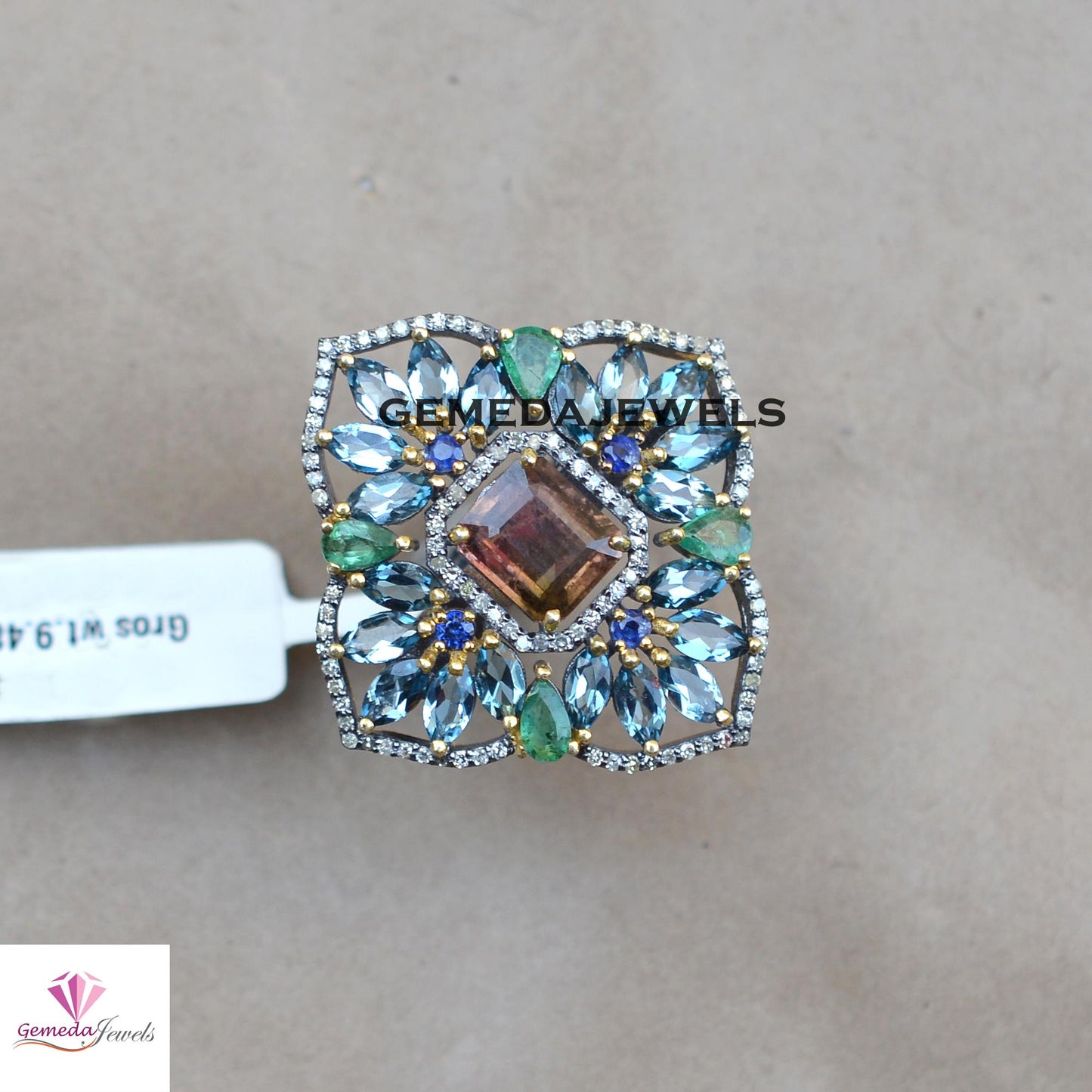 Tourmaline Flower Ring, Emerald 925 Silver Ring, Pave Diamond Jewelry, Sapphire Gemstone Ring, Rhodium Plated Jewelry, Valentine's Day Gift