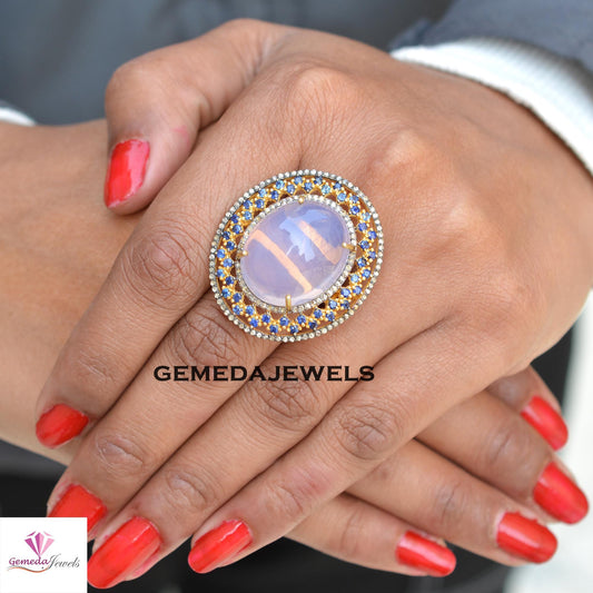 Natural Morganite Ring, Sapphire Ring Jewelry, Pave Diamond Ring, Gemstone Diamond Jewelry, 925 Silver 14k Gold Plated Ring, Wedding Gift