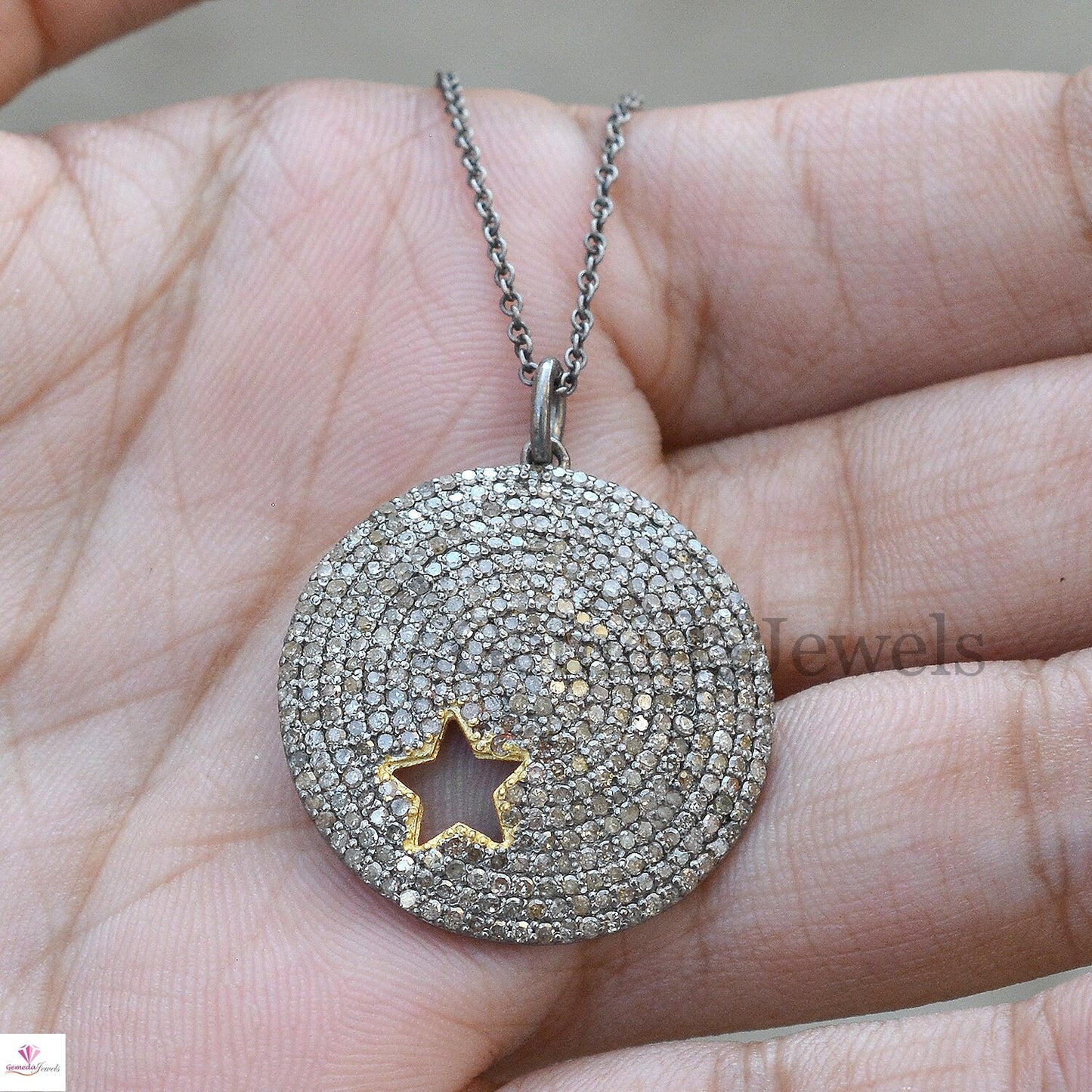 Gold Vermeil Pendant Jewelry, Pave Diamond Star Pendant, Pendant Necklace Jewelry, Oxidized 925 Silver Pendant, 16" Link Chain Size 30x25 MM