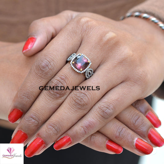 Sale! Pink Tourmaline Gemstone Ring, Pave Diamond 925 Silver Jewelry, Rhodium Plated Ring, Gemstone Diamond Jewelry, Women's Ring Jewelry