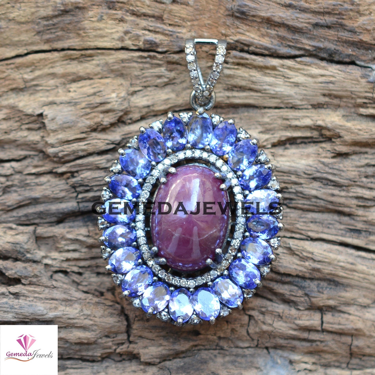 Ruby Gemstone Pendant, 925 Silver Jewelry, Pave Diamond Pendant Jewelry, Sapphire Gemstone Jewelry, 16" Silver Link Chain Necklace, Gifts