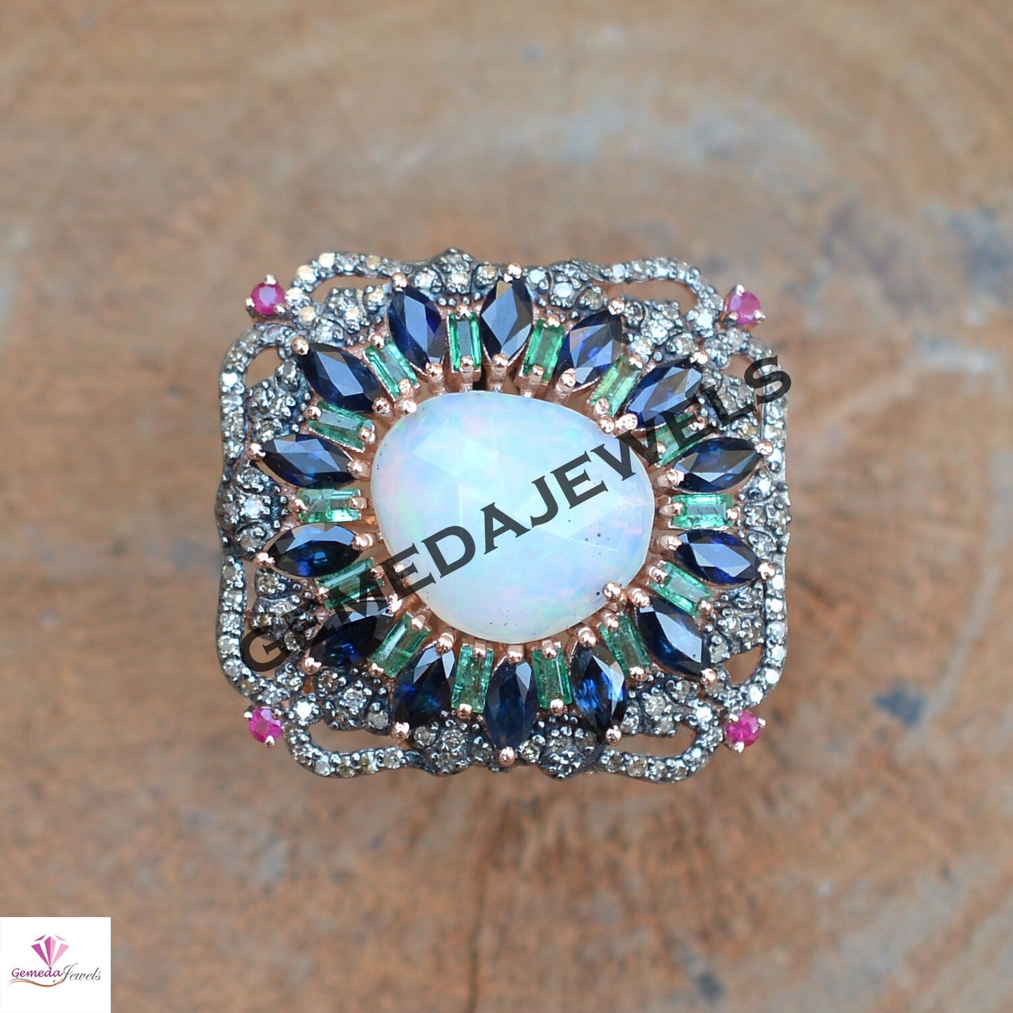 Genuine Opal Gemstone Ring, Sapphire Diamond Ring, Emerald Gemstone Jewelry, Pave Diamond Jewelry, Rose Gold Plated Ring, 925 Silver Jewelry
