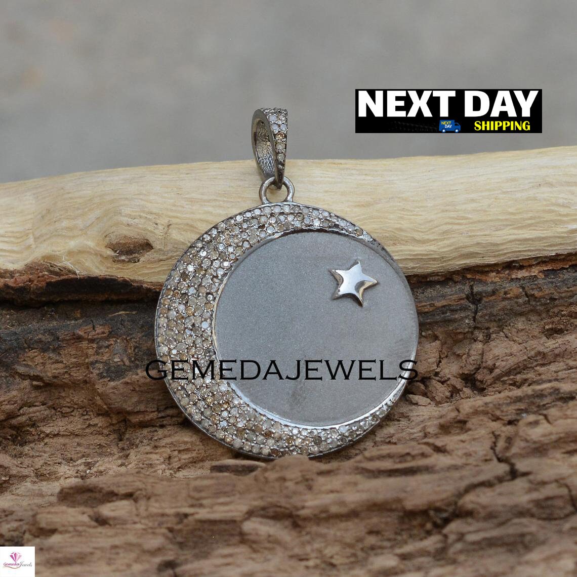 Pave Diamond Pendant, Diamond Crescent Moon Charm Pendant, 925 Silver Star Jewelry, Diamond Necklace, 16" Silver Chain, Wedding Jewelry