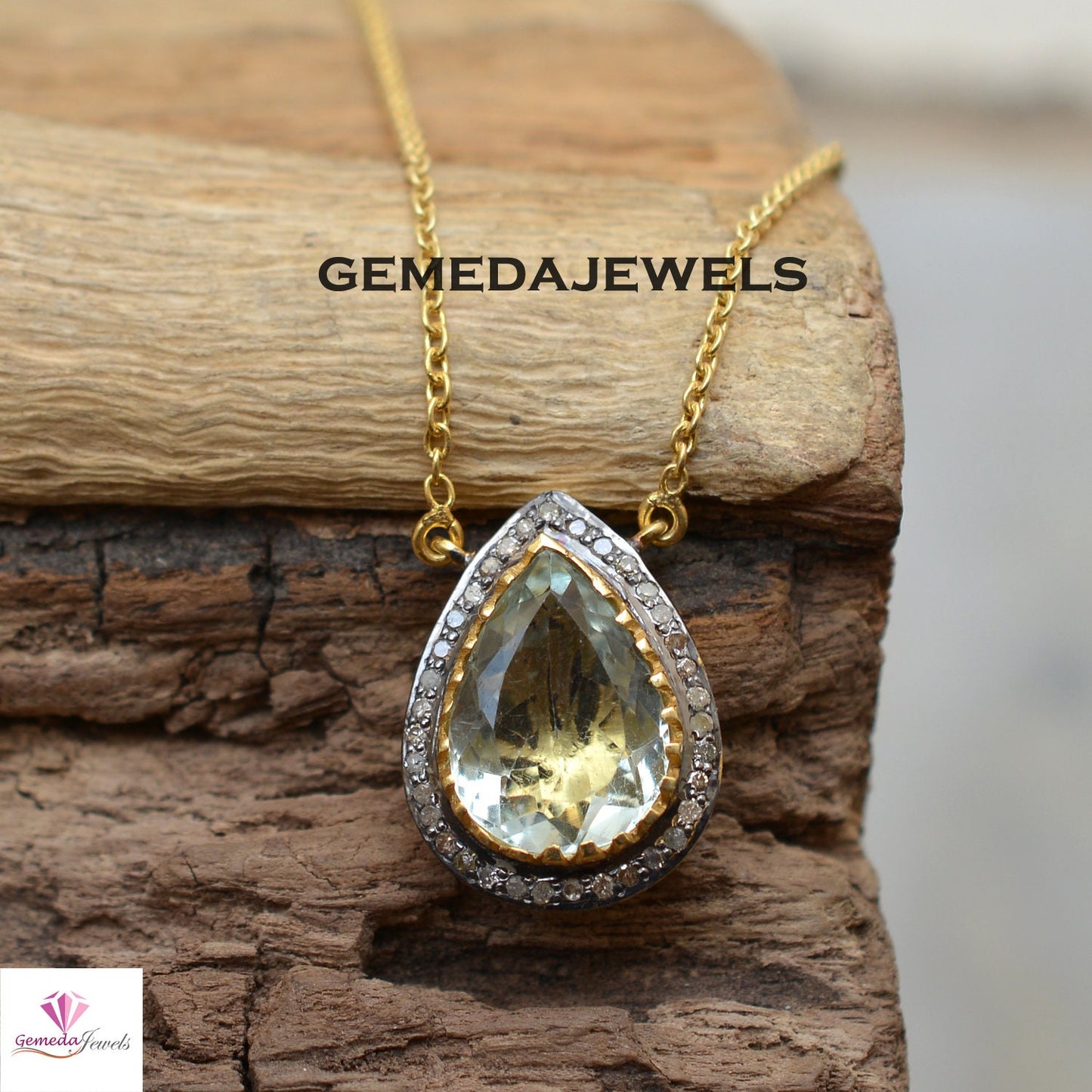 Sale! Lemon Topaz Pendant, Pave Diamond Pendant, 925 Silver Jewelry, 14k Gold Vermeil Jewelry, 18" Silver Link Necklace, Gemstone Jewelry