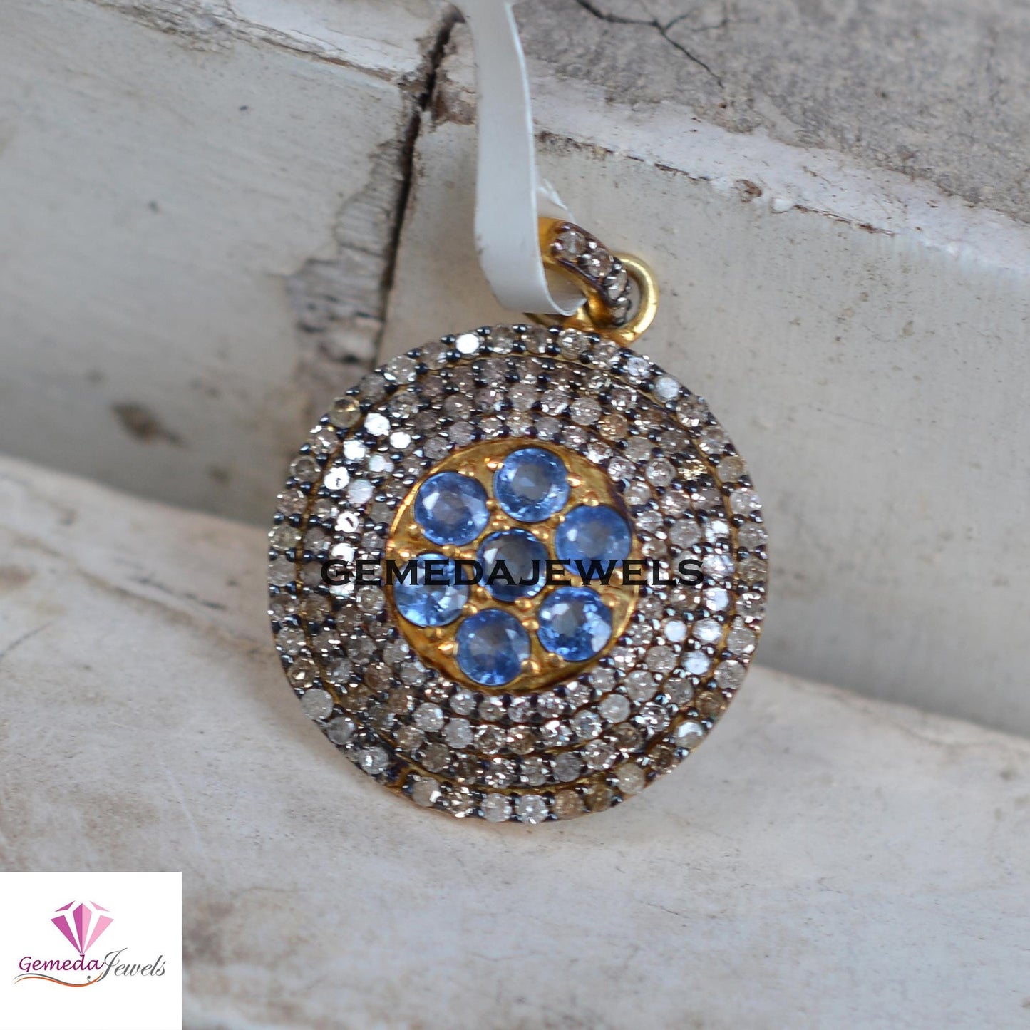 Natural Blue Sapphire Charm Pendant, Pave Diamond Jewelry, Gemstone 925 Silver Pendant, Gold Vermeil Jewelry, 16" Link Chain Necklace, Gift