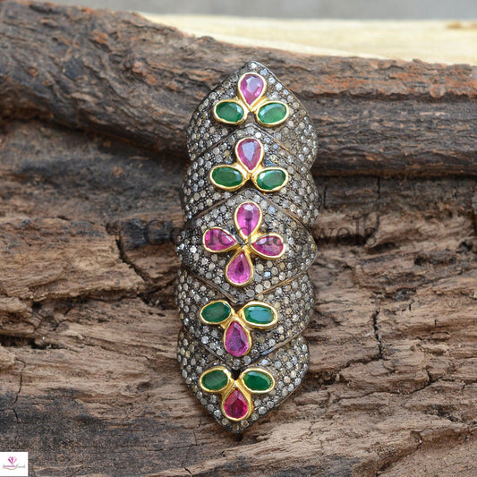 Natural Pave Diamond Gemstone Knuckle Ring, Ruby Emerald Flower Ring, Pave Diamond Full Finger Knuckle Ring, Handmade Jewelry, Gift For Her