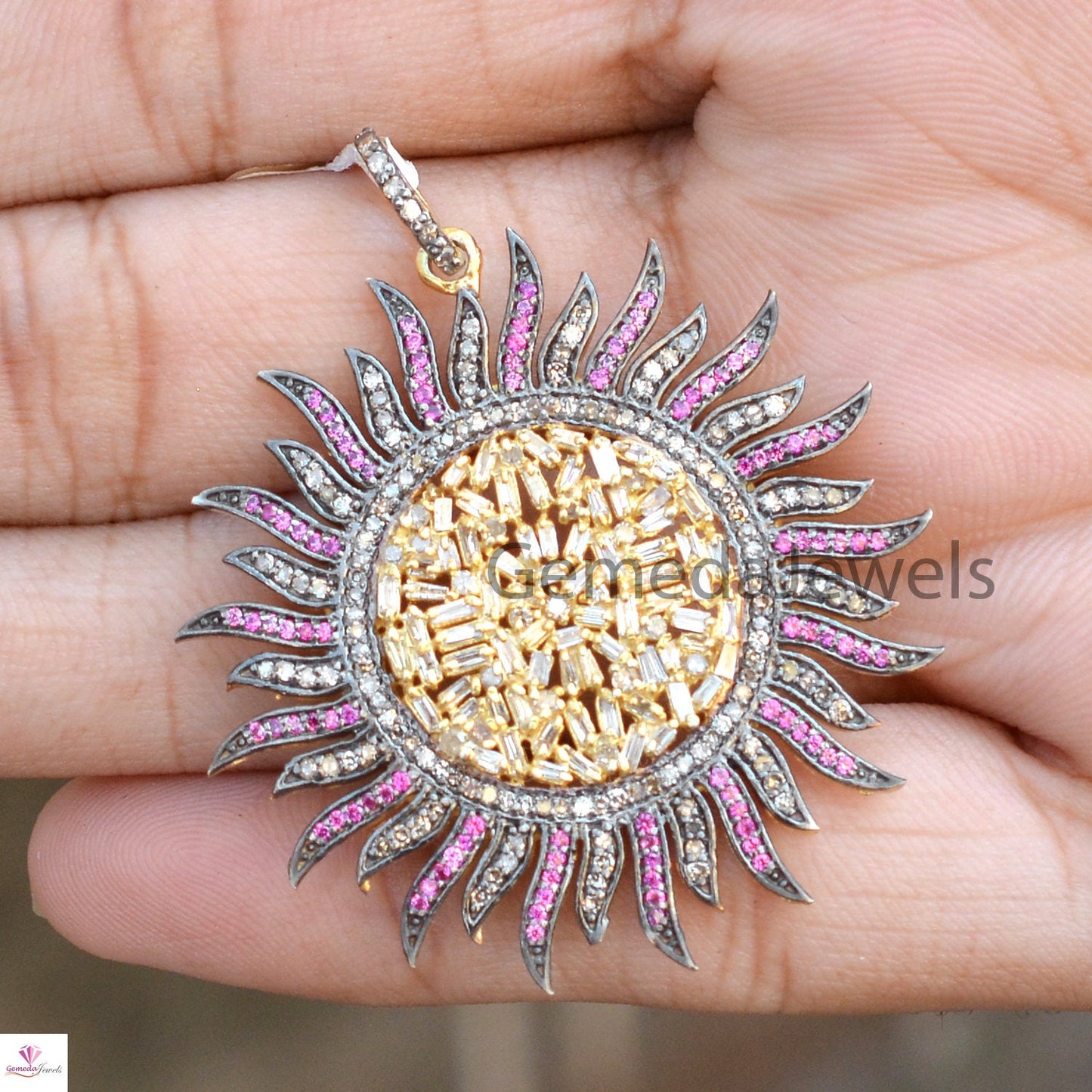 Natural Baguette Diamond Pendant, Ruby Gemstone Pave Diamond Jewelry, Sunflower Pendant Jewelry, Gold Vermeil 925 Silver Jewelry, 16" Chain