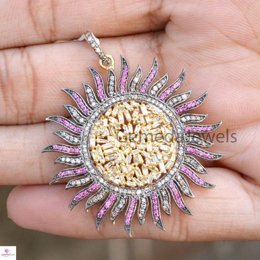 Natural Baguette Diamond Pendant, Ruby Gemstone Pave Diamond Jewelry, Sunflower Pendant Jewelry, Gold Vermeil 925 Silver Jewelry, 16" Chain