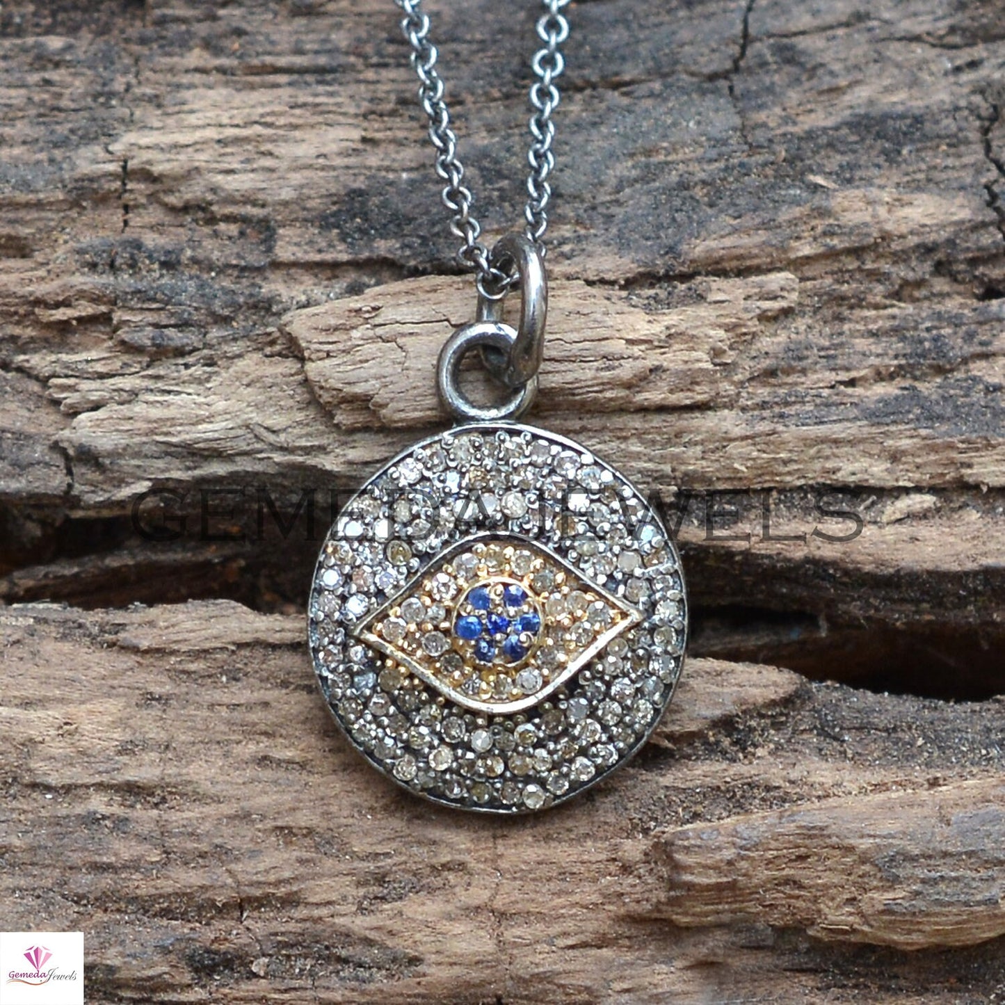 Evil Eye Sapphire Gemstone Pendant, Solid 925 Silver Jewelry, Size 22X15 MM Pave Diamond Pendant Jewelry, Beautiful Evil Eye Charm Necklace