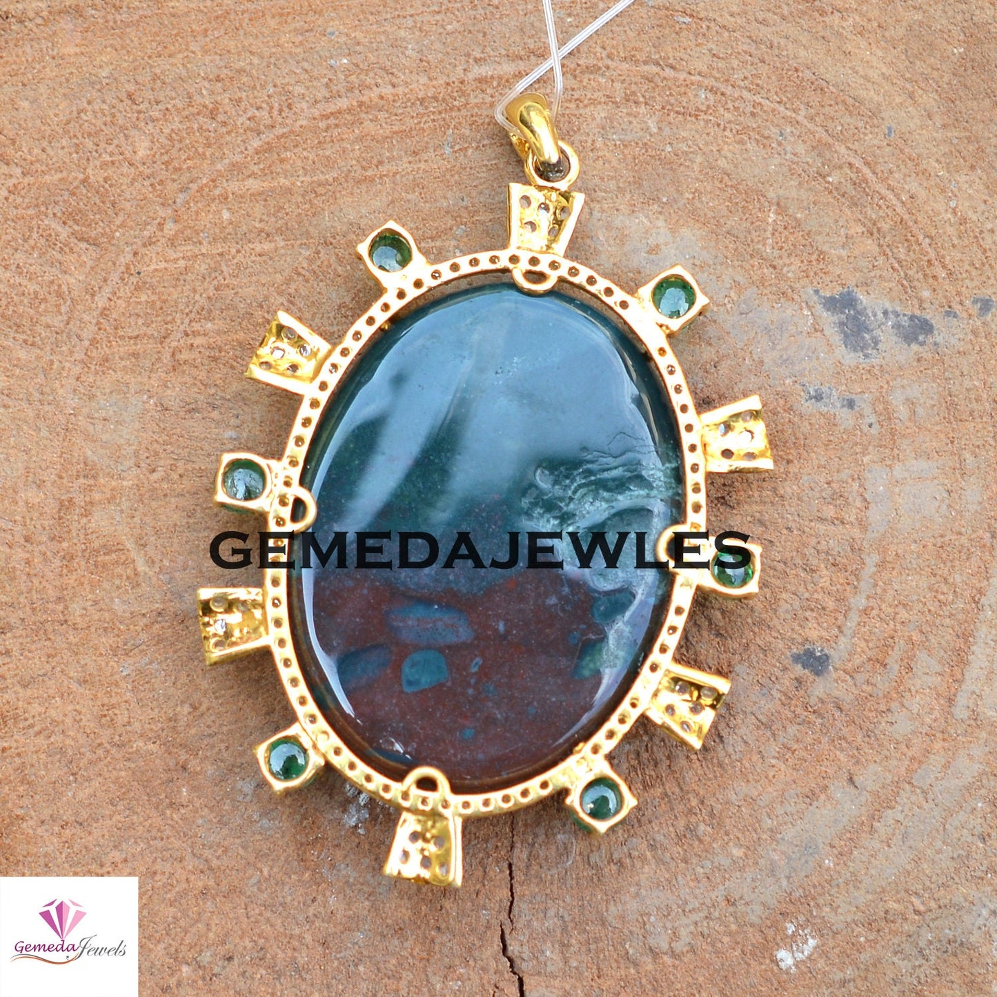 Beautiful Jasper Gemstone Pendant, Emerald Pendant, Pave Diamond Jewelry, 925 Silver Jewelry, 14k Gold Vermeil Pendant, 16" Chain Necklace