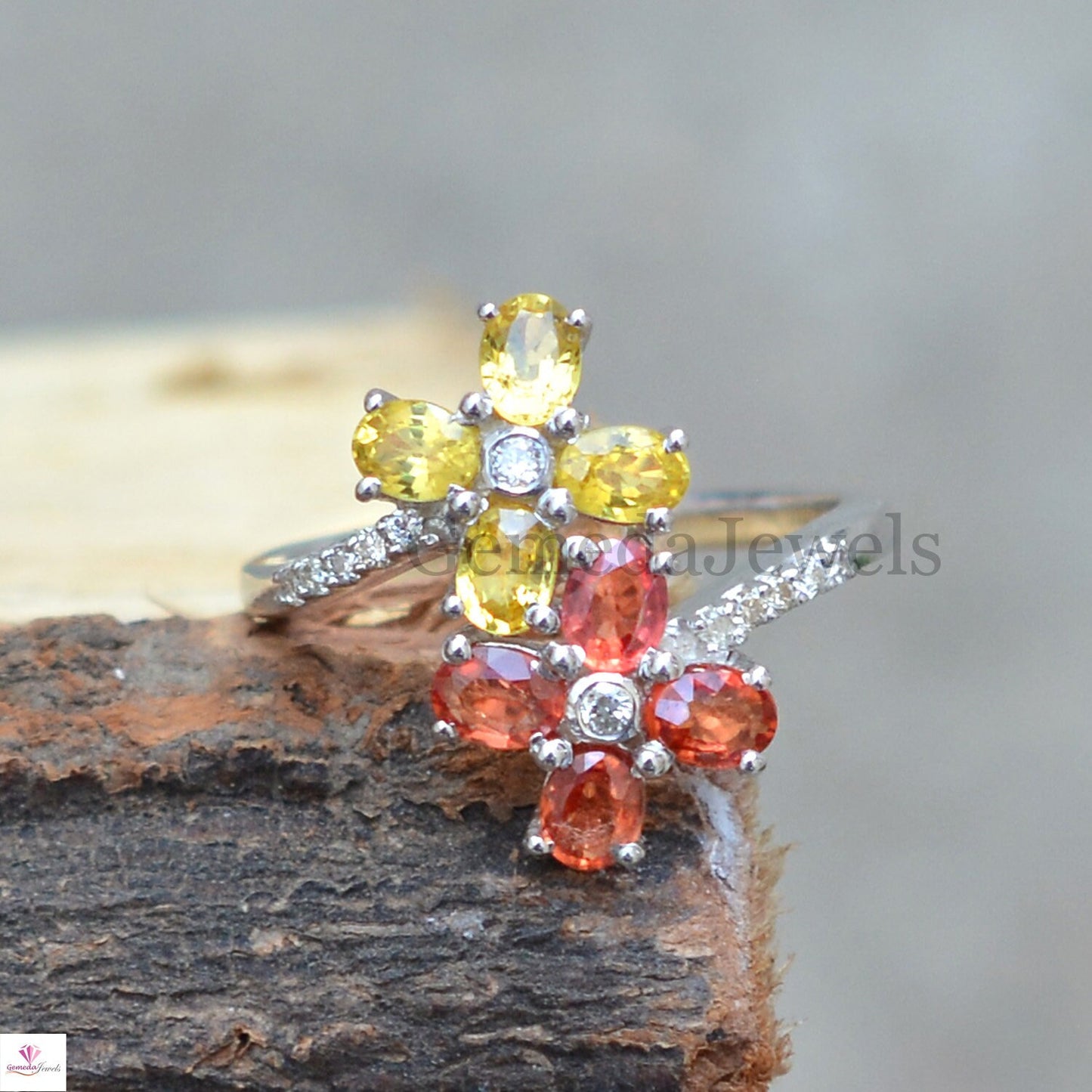 Genuine Multi Sapphire Diamond Ring, Flower Gemstone Ring, Pave Diamond Jewelry, Sterling Silver Jewelry, Minimalist Ring, Anniversary Gift