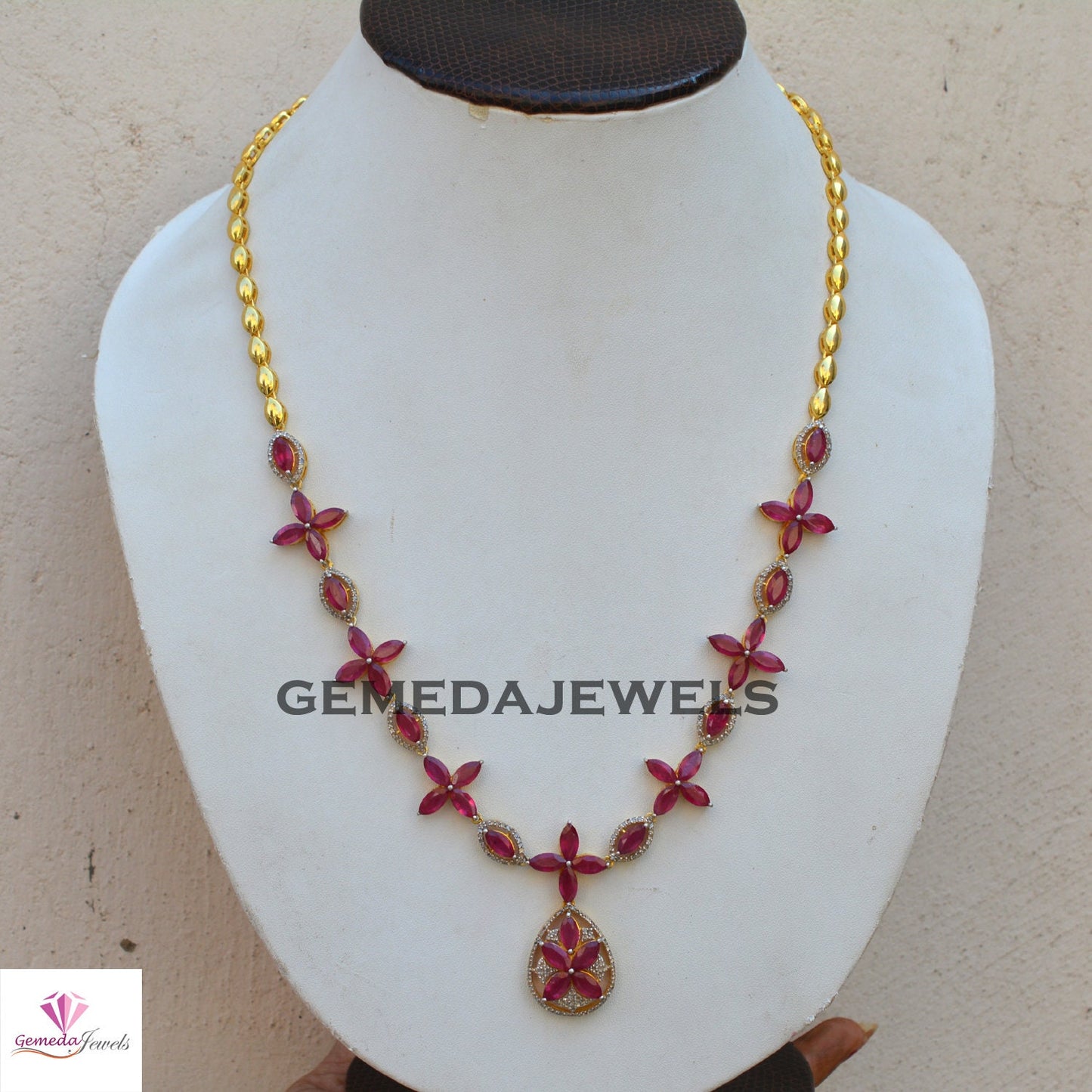 Sale!! Ruby Jewelry Set, Gemstone Flower Jewelry, Pave Diamond 22" Necklace, Earrings Necklace Jewelry Set, 925 Silver Jewelry, Gift For Her