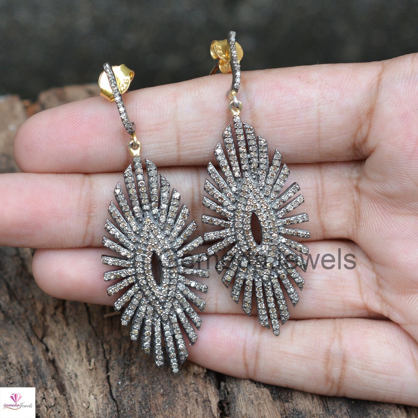 2.95cts Pave Diamond Earring, Sterling Silver Jewelry, 14k Gold Earrings, Diamond Starburst Earrings, Pave Diamond Jewelry, Christmas Gift