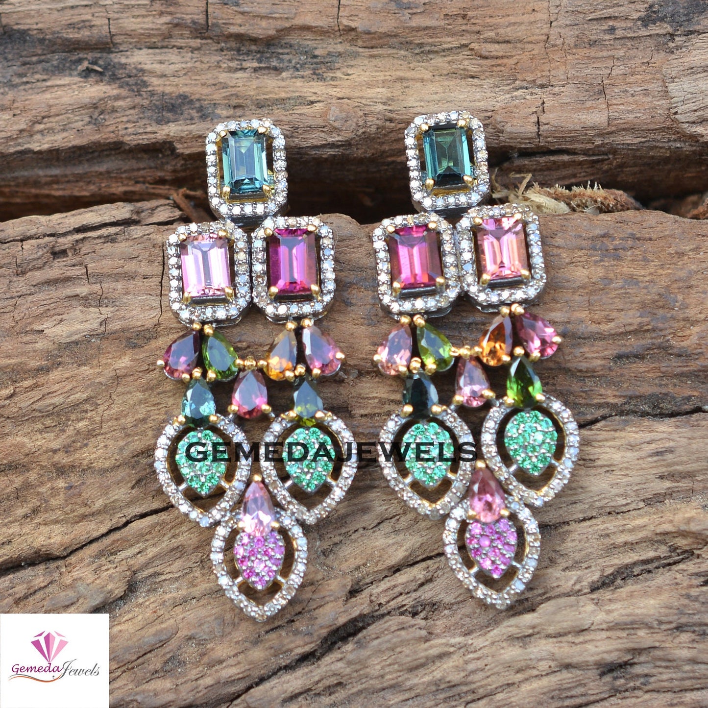 Multi Tourmaline Earrings, Ruby Earring, Emerald Diamond Silver Jewelry, 925 Silver Earrings, Gold Vermeil Earrings, Wedding Gift Jewelry