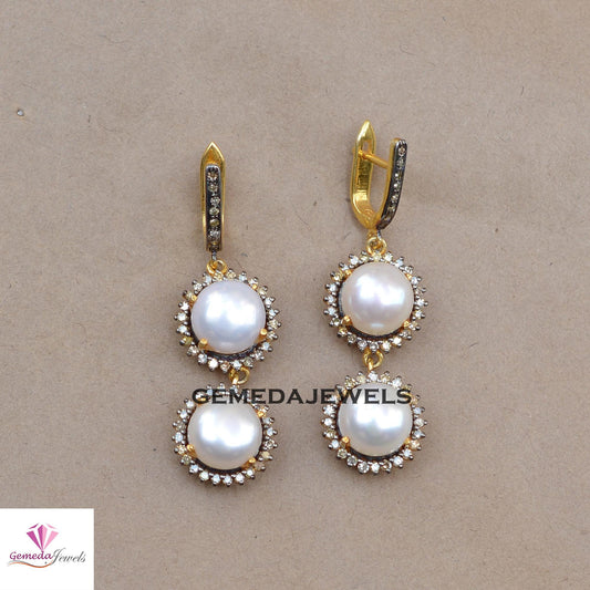 Charming White Pearl Earrings, Dazzling Pave Diamond Jewelry, Sterling Silver Jewelry, 14k Gold Vermeil Earrings, Gemstone Earring, Wedding