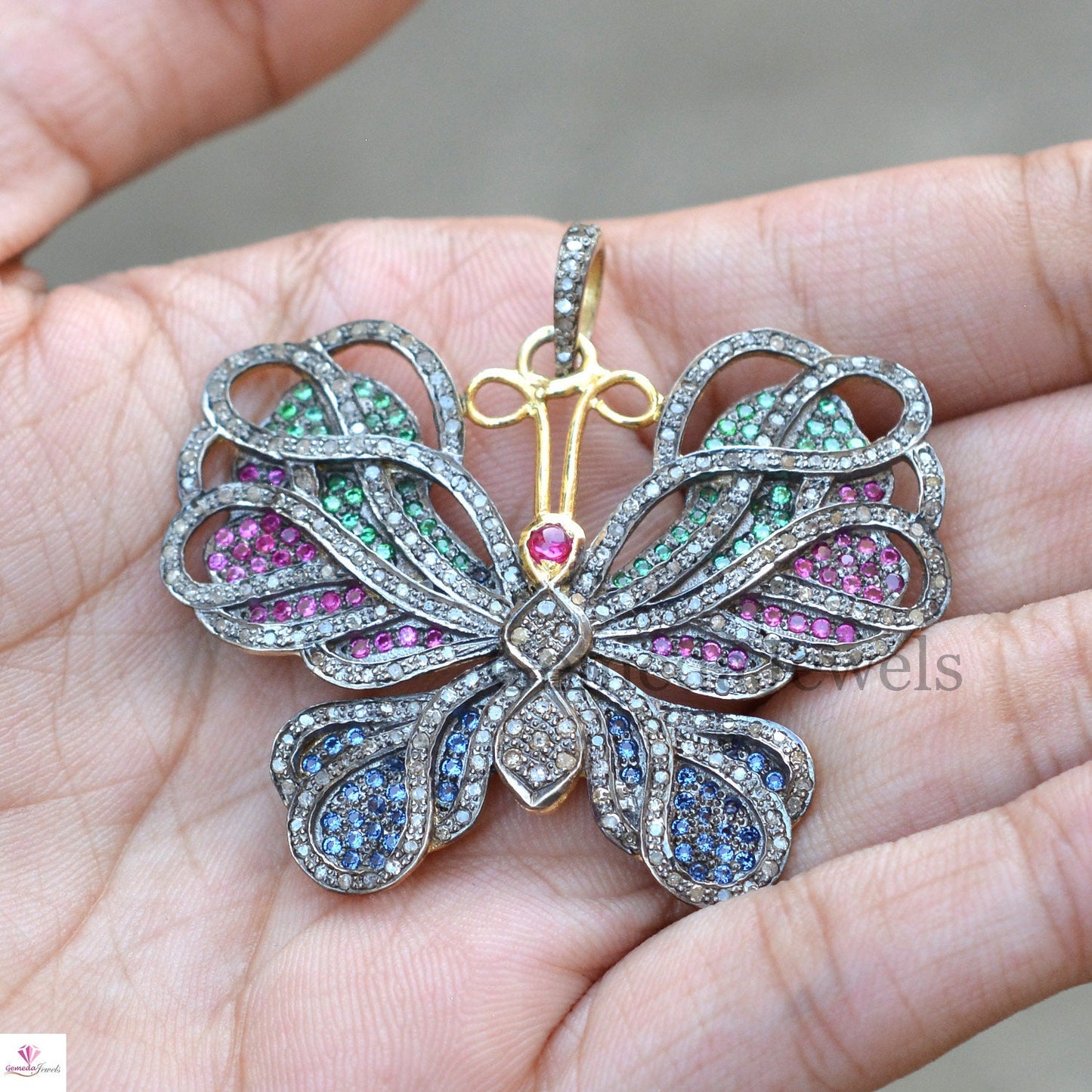 Genuine Multi-Gemstone Butterfly Pendant, 925 Silver Pave Diamond Butterfly Pendant Necklace, Women Gift Jewelry, Christmas Gifts For Her