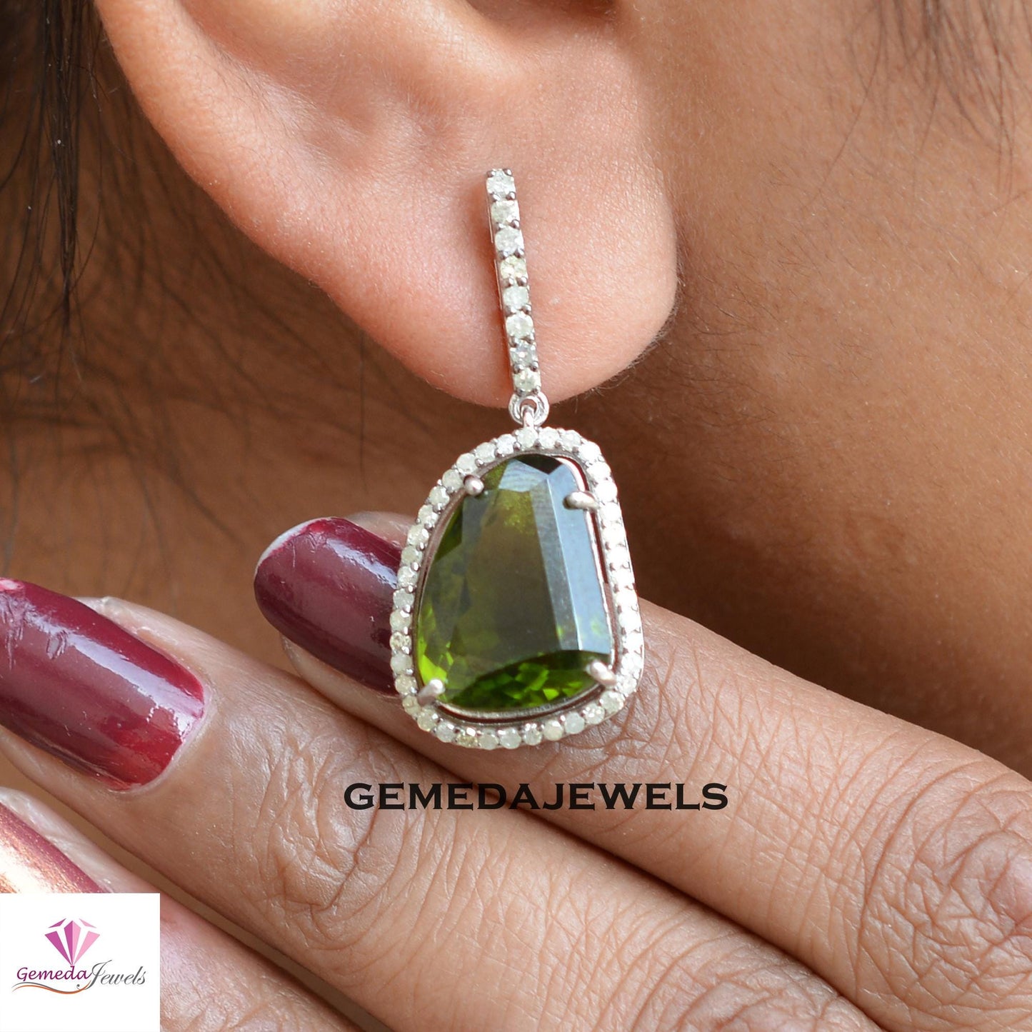 Sale!! Rare Peridot Gemstone Earrings, Pave Diamond Jewelry, Sterling Silver Earrings, White Rhodium Plated Jewelry, Women's Gift Jewelry