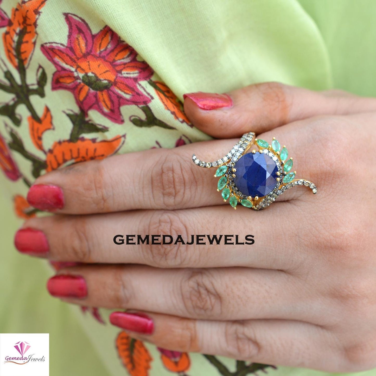 Blue Sapphire Gemstone Ring, Pave Diamond Jewelry, Emerald Silver Ring, 925 Silver Jewelry, Gold Vermeil Ring, Designer Ring, Gift For Her