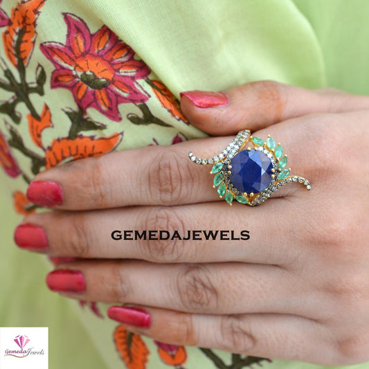 Blue Sapphire Gemstone Ring, Pave Diamond Jewelry, Emerald Silver Ring, 925 Silver Jewelry, Gold Vermeil Ring, Designer Ring, Gift For Her