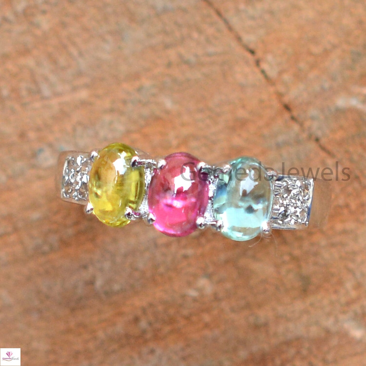 Multi Tourmaline Gemstone Ring, Oval Shape Gemstone, Pave Diamond Ring, 925 Sterling Silver Jewelry, Stacking Ring, Anniversary Gift For Her