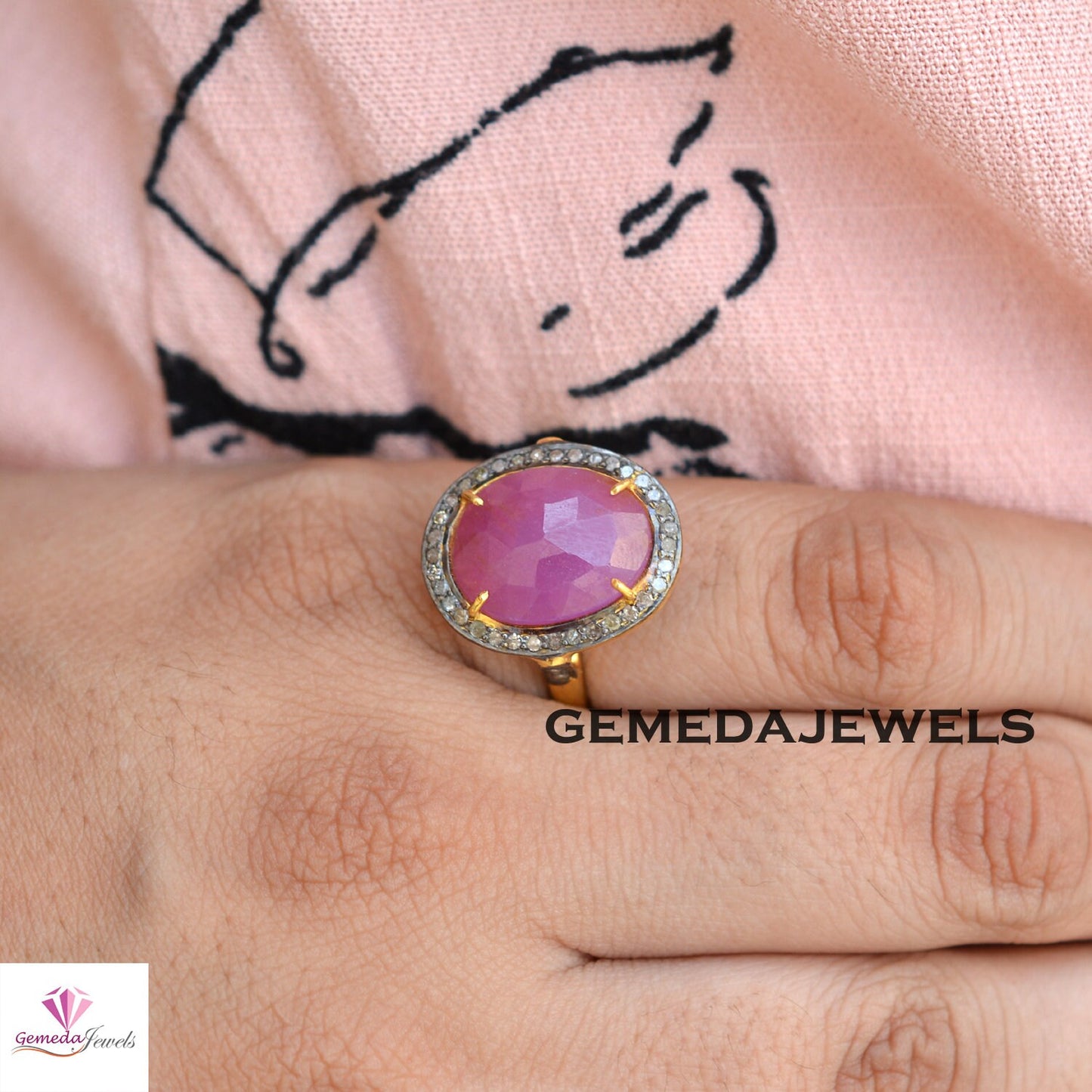 Genuine Ruby Gemstone Ring, 925 Sterling Silver Jewelry, 14k Gold Plated Ring, Pave Diamond Jewelry, Wedding Gift Jewelry, Gemstone Jewelry